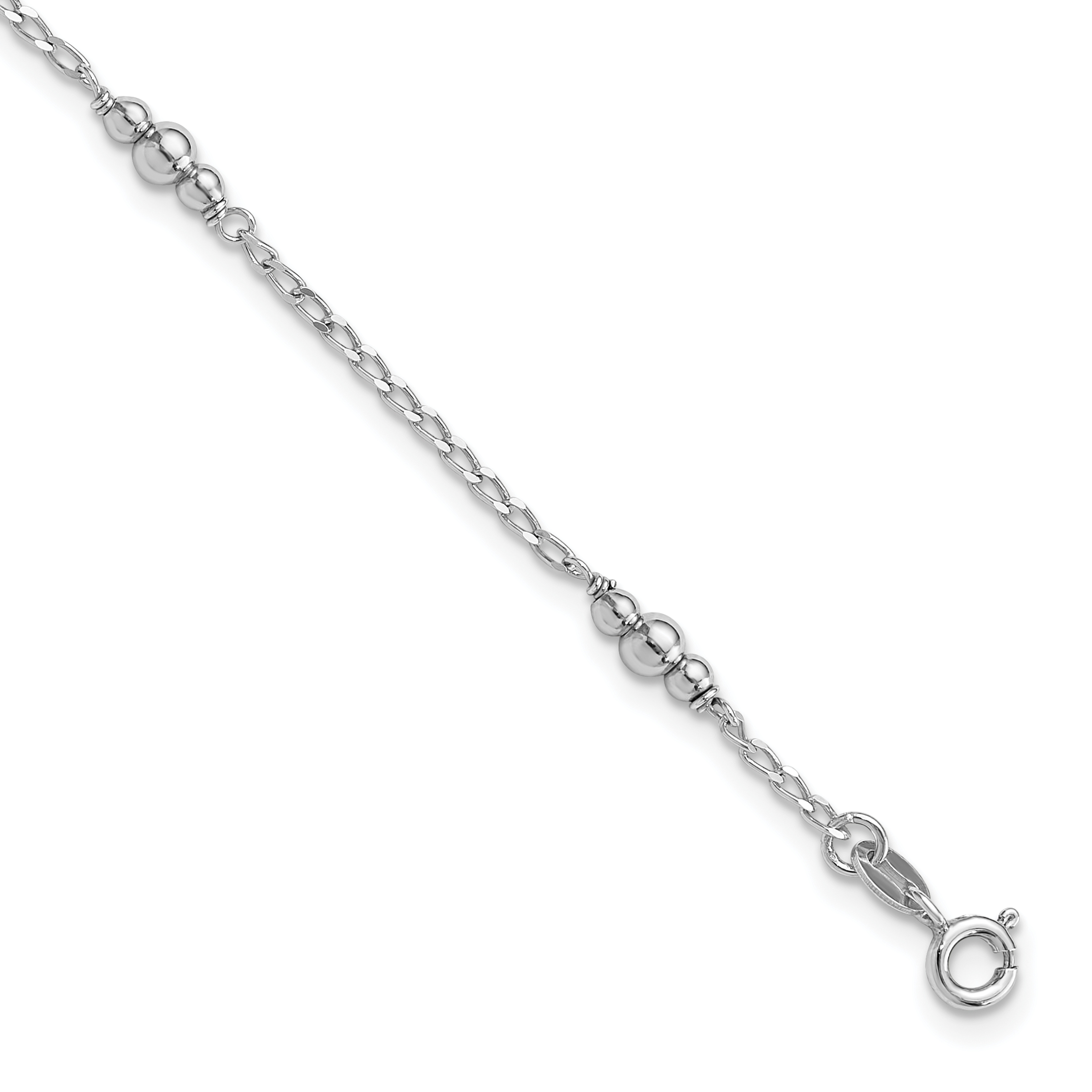 Sterling Silver Rhodium-plated Polished Beaded 9in Plus 1 in ext Anklet (QG6342-9)