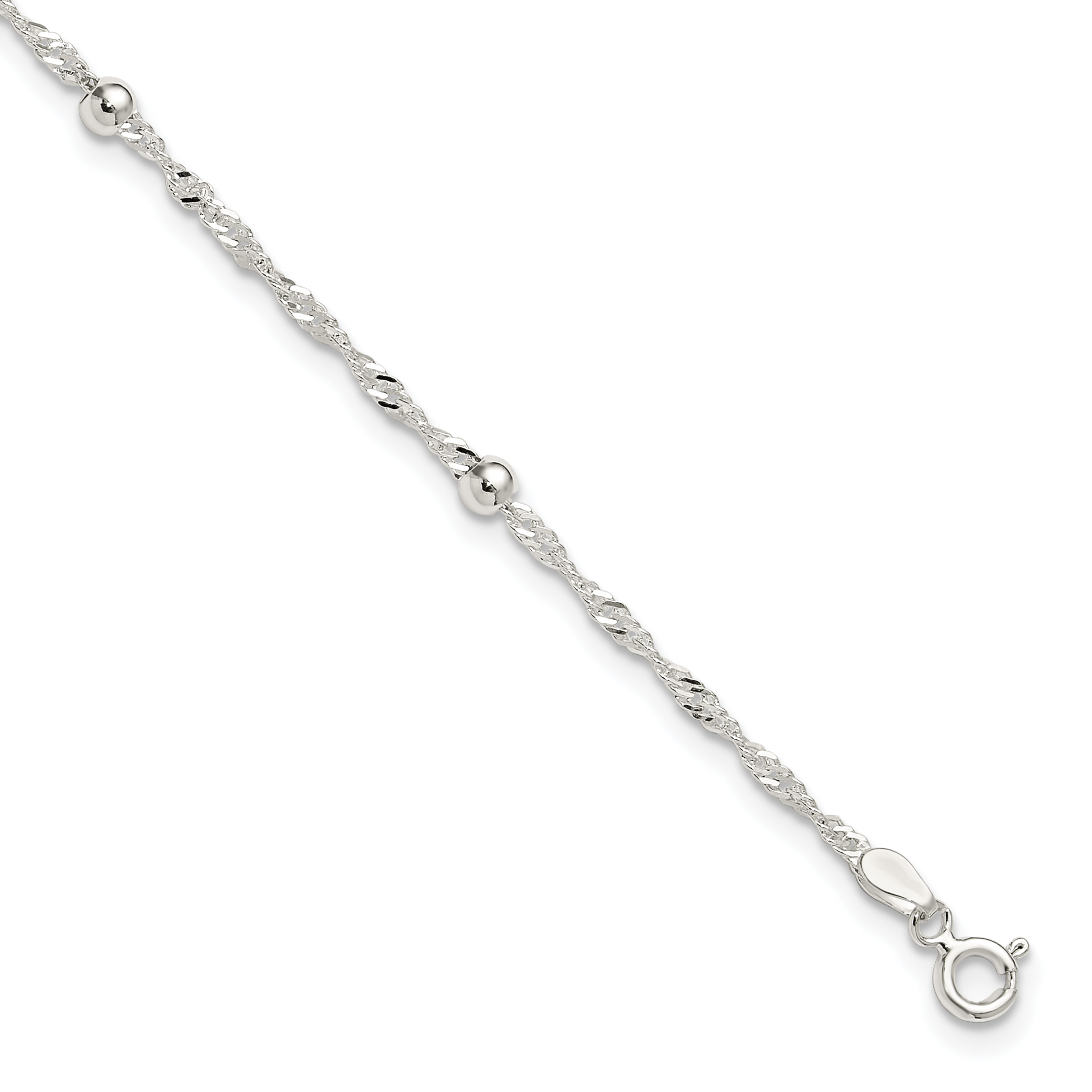 Sterling Silver Polished Beaded Singapore 10in Anklet (QG6343-10)