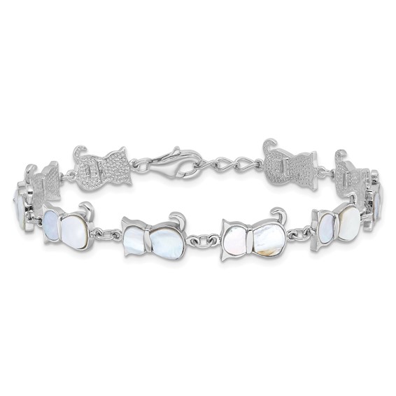 Sterling Silver Rhodium-plated Mother of Pearl Cat Link Bracelet