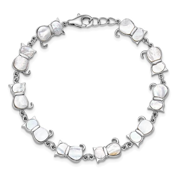 Sterling Silver Rhodium-plated Mother of Pearl Cat Link Bracelet