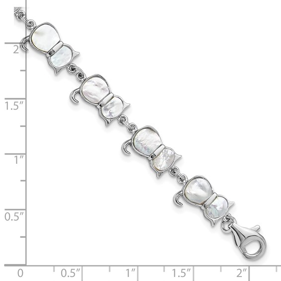 Sterling Silver Rhodium-plated Mother of Pearl Cat Link Bracelet