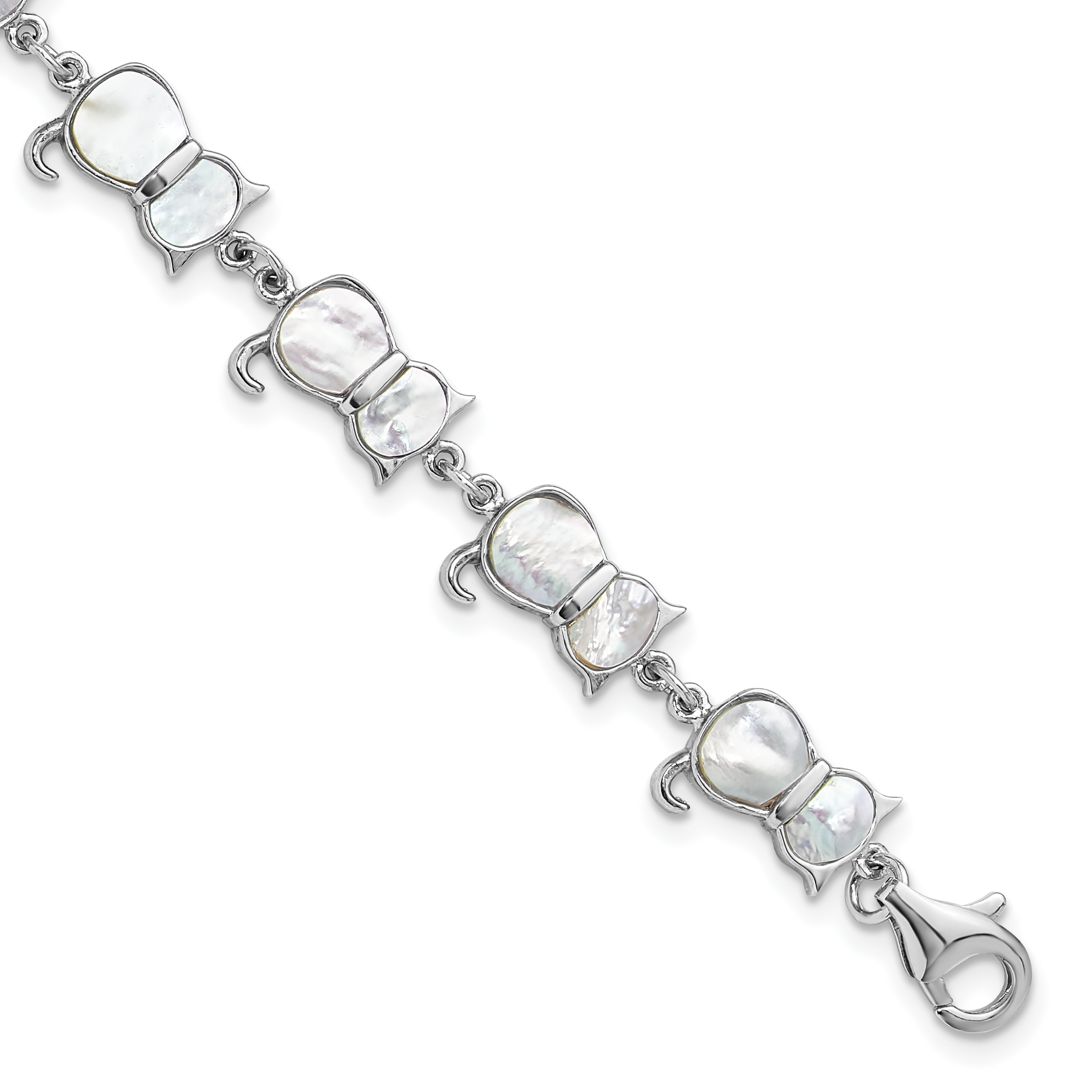 Sterling Silver Rhodium-plated Mother of Pearl Cat Link Bracelet (QG6345MOP-7.5)