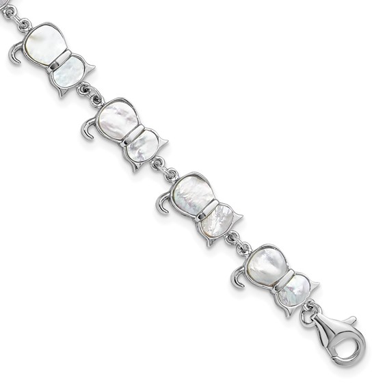 Sterling Silver Rhodium-plated Mother of Pearl Cat Link Bracelet