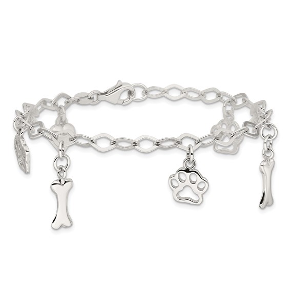 Sterling Silver Rhodium-plated Dog Bone Paw Heart Charm 7.5in Bracelet