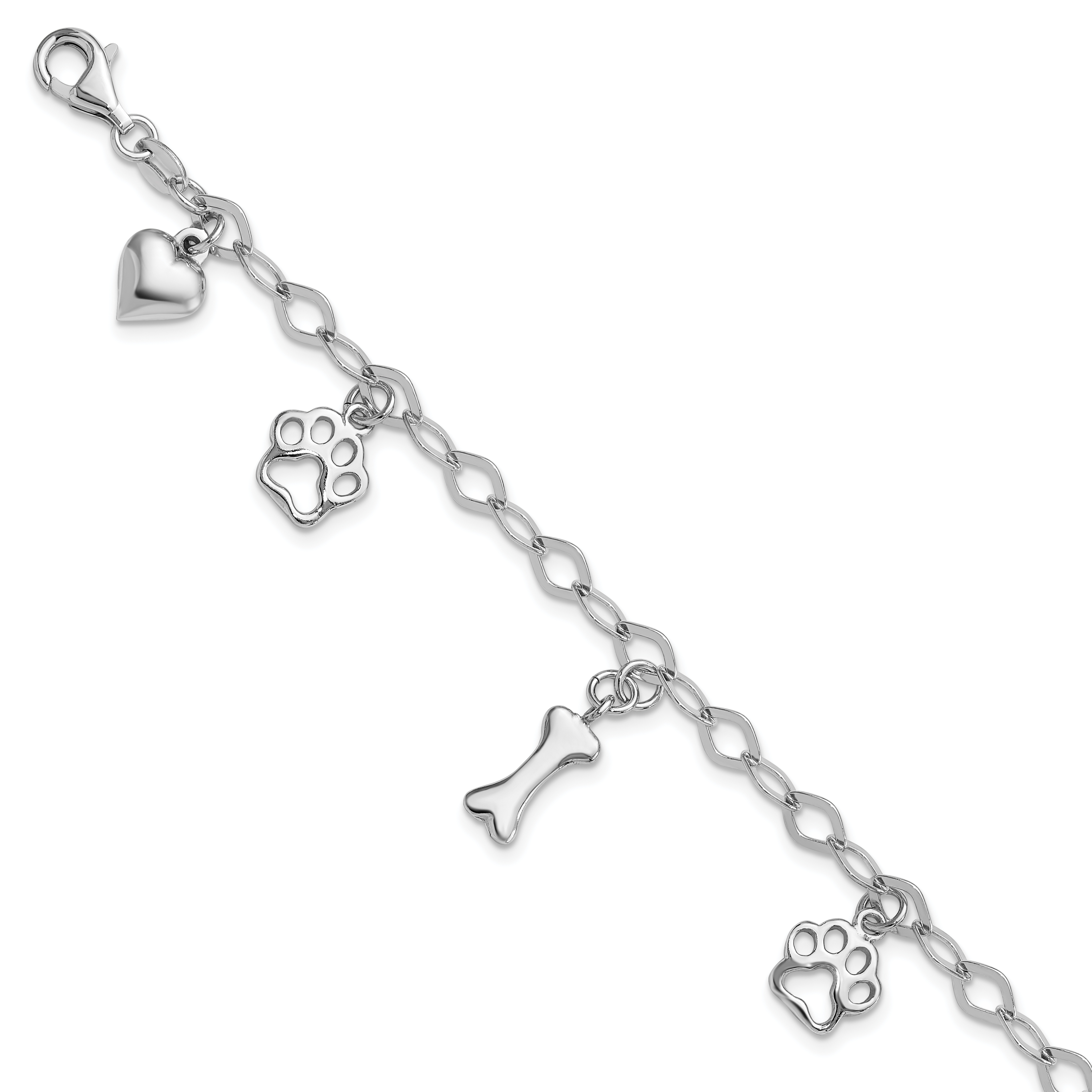 Sterling Silver Rhodium-plated Dog Bone Paw Heart Charm 7.5in Bracelet (QG6346-7.5)