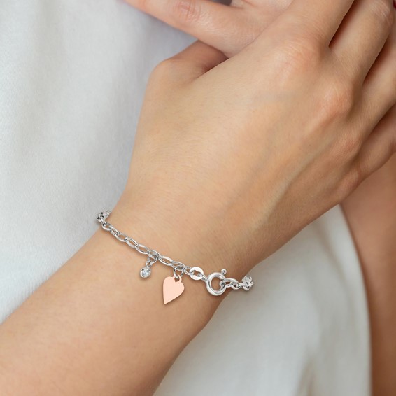 Sterling Silver Rose Gold-plated Polished w/Heart and CZ Link Bracelet