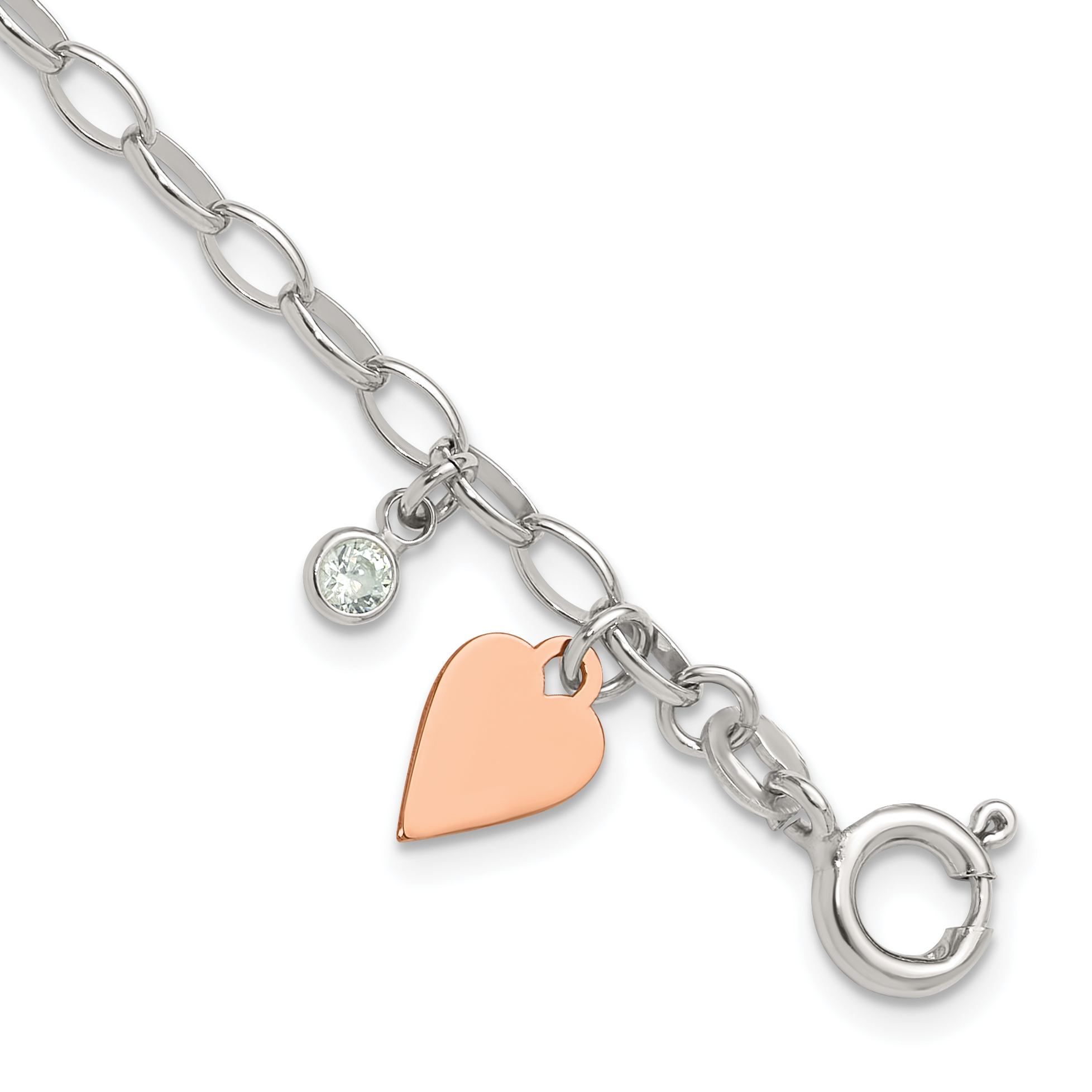 Sterling Silver Rose Gold-plated Polished w/Heart and CZ Link Bracelet (QG6348-7)
