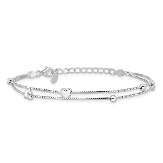 Sterling Silver Rhod-plated  6.75 1in ext Two Strand Heart/Bead Bracelet
