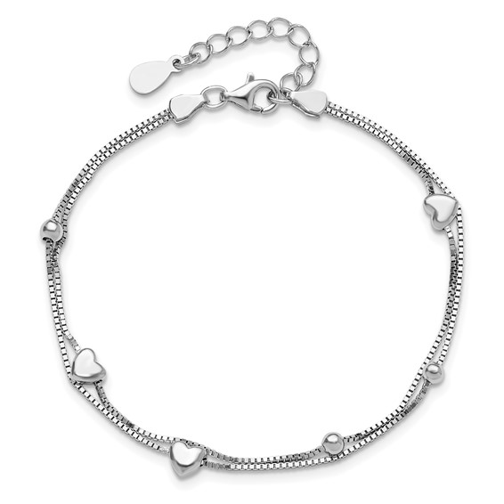 Sterling Silver Rhod-plated  6.75 1in ext Two Strand Heart/Bead Bracelet