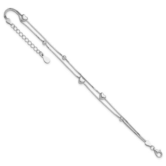 Sterling Silver Rhod-plated  6.75 1in ext Two Strand Heart/Bead Bracelet