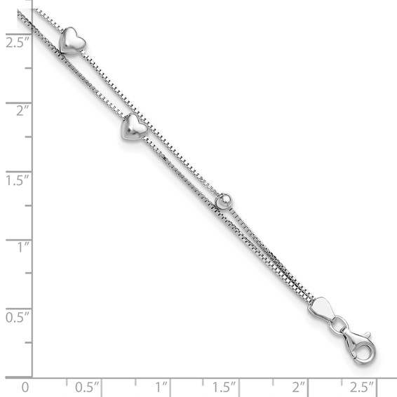 Sterling Silver Rhod-plated  6.75 1in ext Two Strand Heart/Bead Bracelet