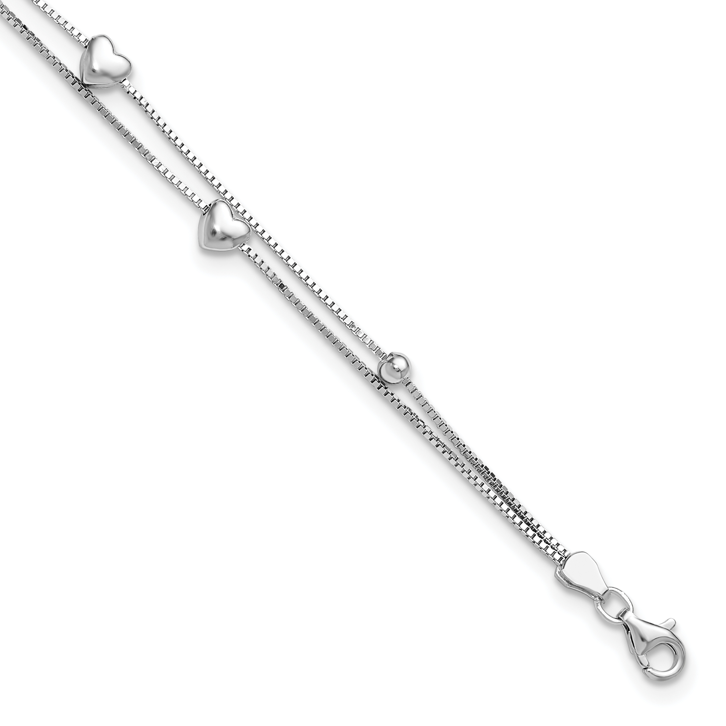 Sterling Silver Rhod-plated  6.75 1in ext Two Strand Heart/Bead Bracelet (QG6352-6.75)