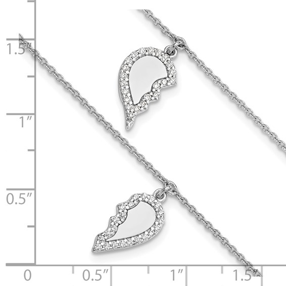 Sterling Silver Rhod-plated CZ Half Heart 7.25in w/1 in ext 2 Bracelet Set