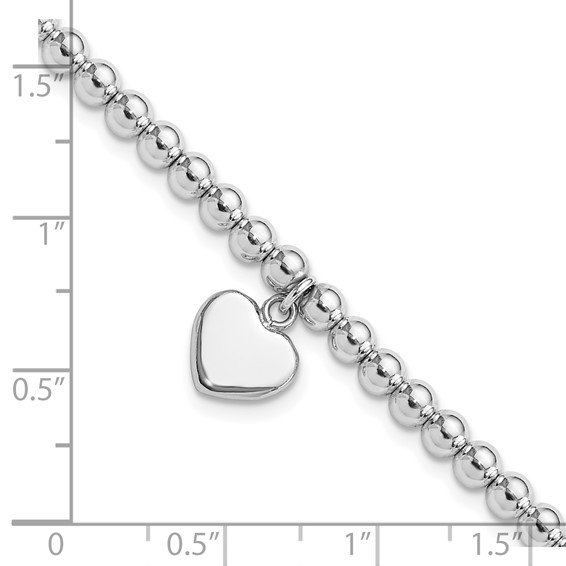 Sterling Silver Rhodium-plated 4mm Beaded Dangle Heart 7.5in Bracelet