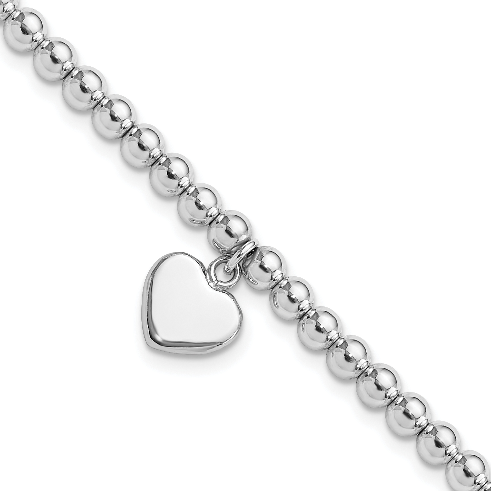 Sterling Silver Rhodium-plated 4mm Beaded Dangle Heart 7.5in Bracelet (QG6360-7.5)
