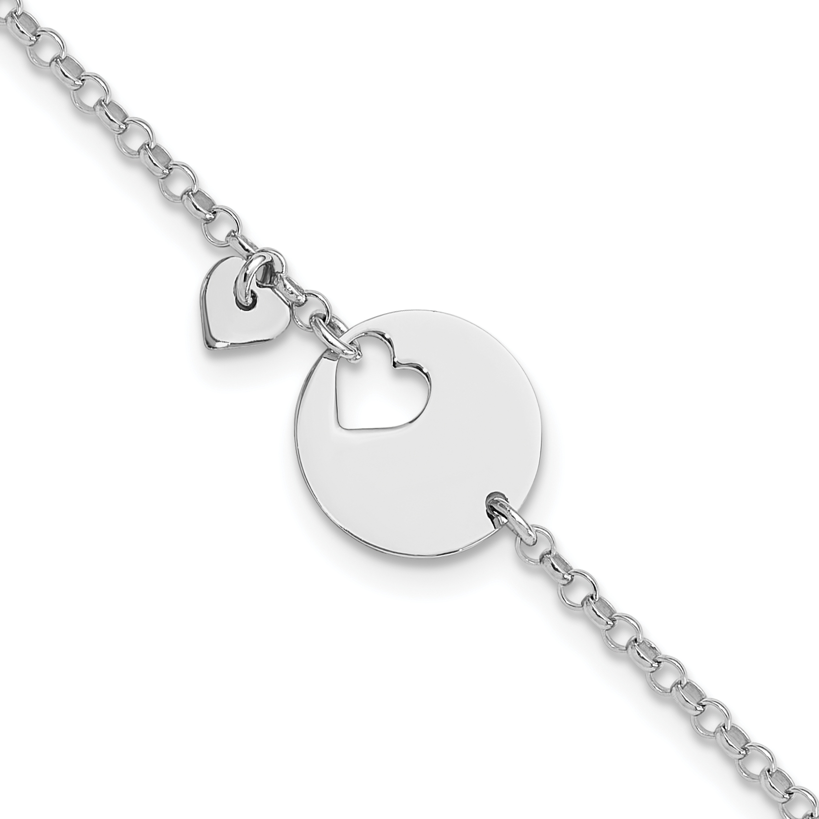 Sterling Silver Rhodium-plated Heart and Cut Out Disc 7.5in Bracelet (QG6361-7.5)
