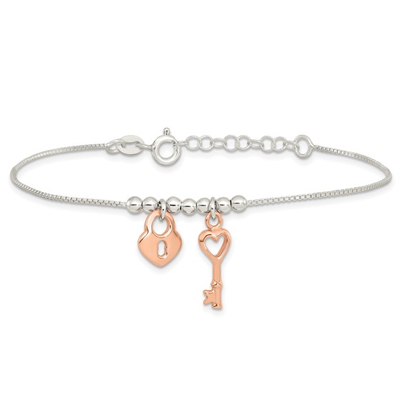 Sterling Silver w/Rose-tone Lock and Key Beaded 7in w/1in ext. Bracelet