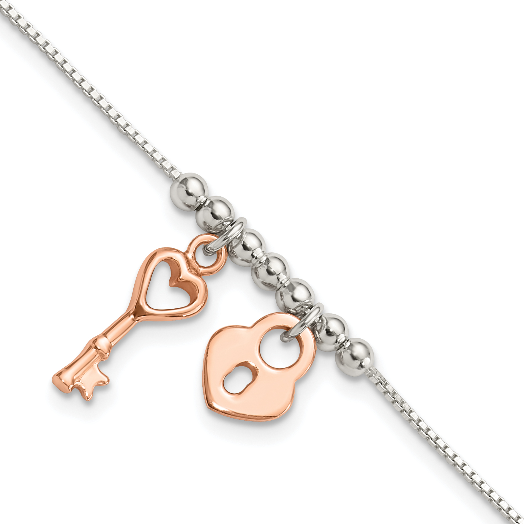 Sterling Silver w/Rose Tone Lock and Key Beaded 7in w/1in ext. Bracelet (QG6363-7)
