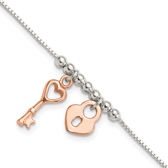 Sterling Silver w/Rose-tone Lock and Key Beaded 7in w/1in ext. Bracelet