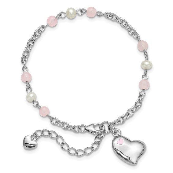 SS Rh-plated Crystal FWC Pearl Enamel Dangle Heart w/1 in. ext Bracelet