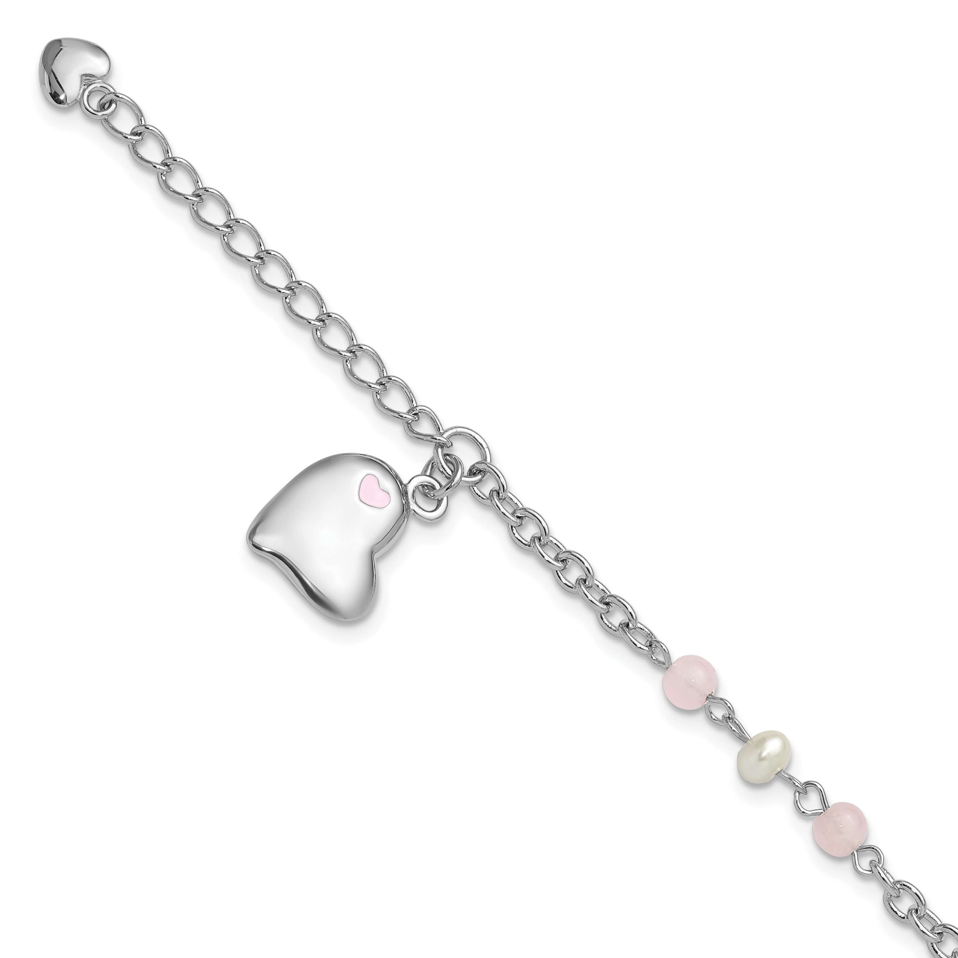 SS Rh-plated Crystal FWC Pearl Enamel Dangle Heart w/1 in. ext Bracelet (QG6364-6)