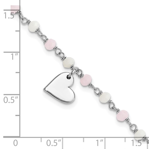 Sterling Silver Rhod-plated Heart Pink/White Glass Beads 7.5in Bracelet