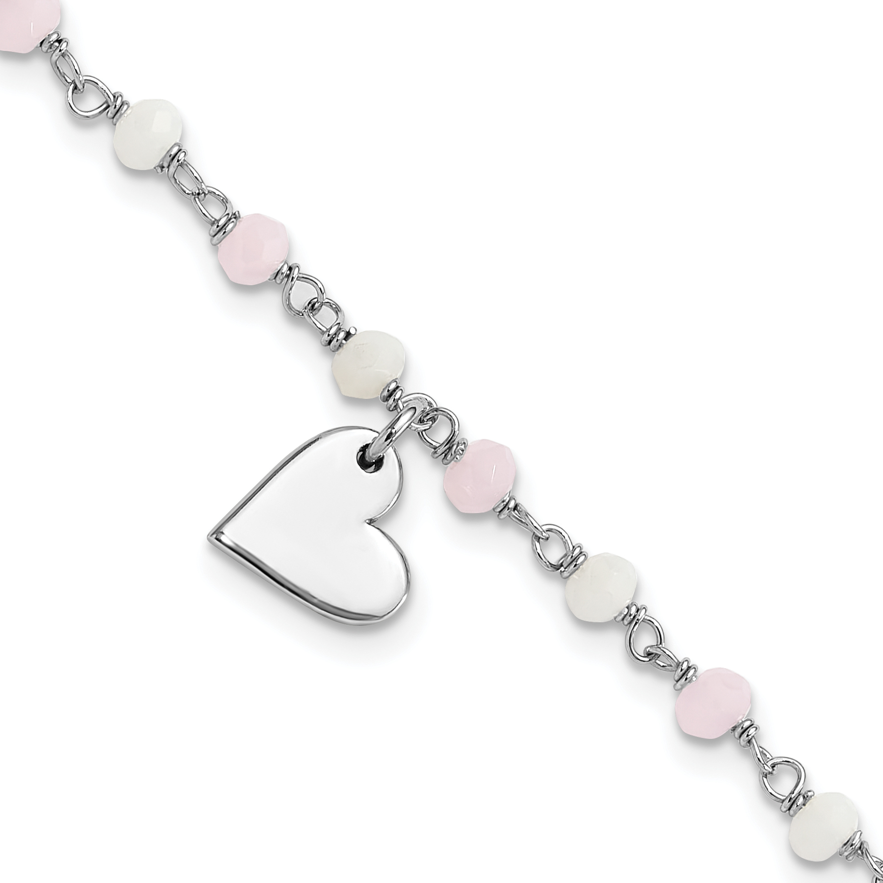 Sterling Silver Rhod-plated Heart Pink/White Glass Beads 7.5in Bracelet (QG6365-7.5)