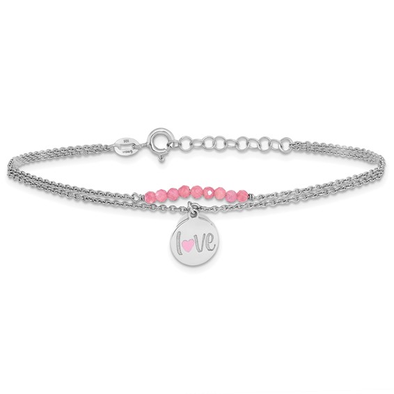 Sterling Silver Rhod-pltd Enamel LOVE Pink Tourm 7.25in w/1in ext Bracelet