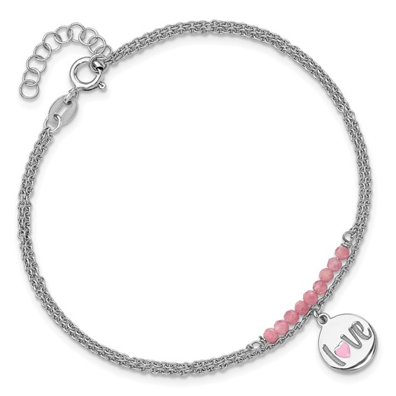 Sterling Silver Rhod-pltd Enamel LOVE Pink Tourm 7.25in w/1in ext Bracelet