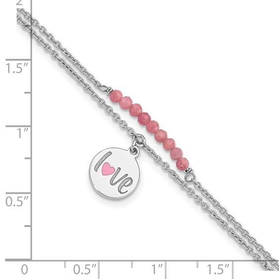 Sterling Silver Rhod-pltd Enamel LOVE Pink Tourm 7.25in w/1in ext Bracelet