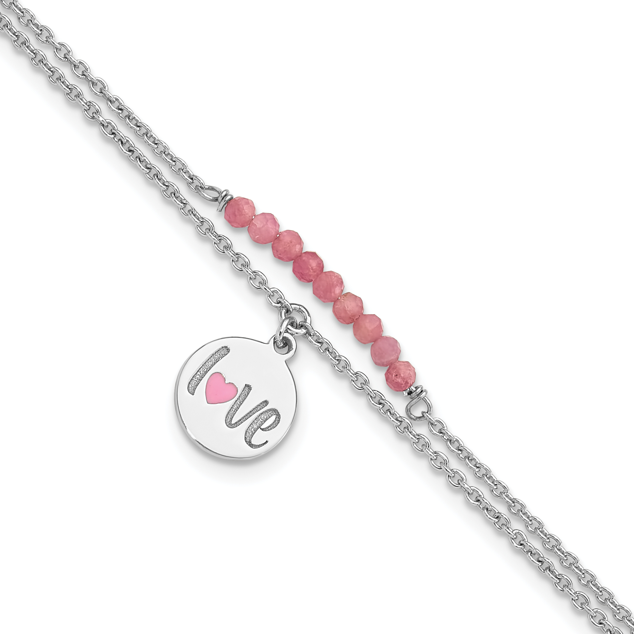 Sterling Silver Rhod-pltd Enamel LOVE Pink Tourm 7.25in w/1in ext Bracelet (QG6366-7.25)
