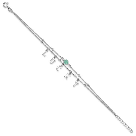 Sterling Silver Rhod-pltd Enamel Clover LUCKY 7.25in w/1in ext Bracelet