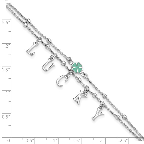 Sterling Silver Rhod-pltd Enamel Clover LUCKY 7.25in w/1in ext Bracelet