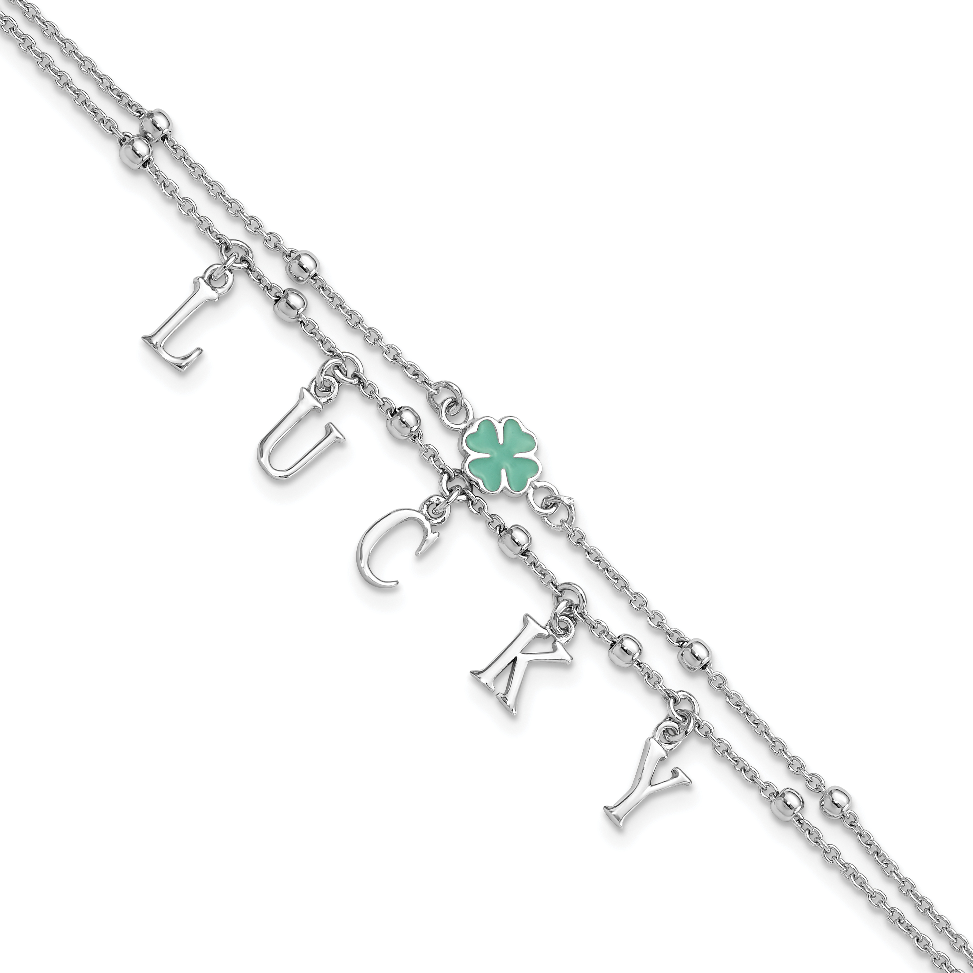Sterling Silver Rhod-pltd Enamel Clover LUCKY 7.25in w/1in ext Bracelet (QG6368-7.25)