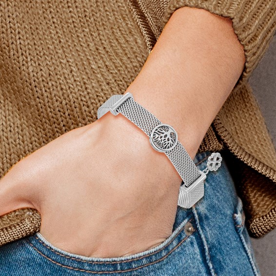 Sterling Silver Rh-plated Mesh Tree with Clover Dangle 6.75in Bracelet