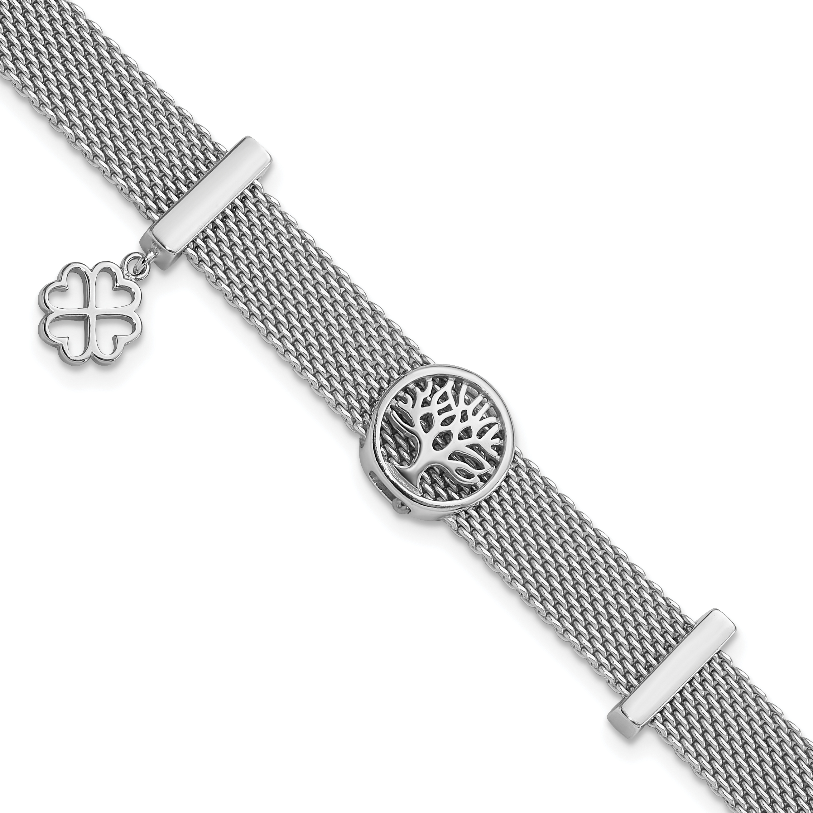 Sterling Silver Rh-plated Mesh Tree with Clover Dangle 6.75in Bracelet (QG6369-6.75)