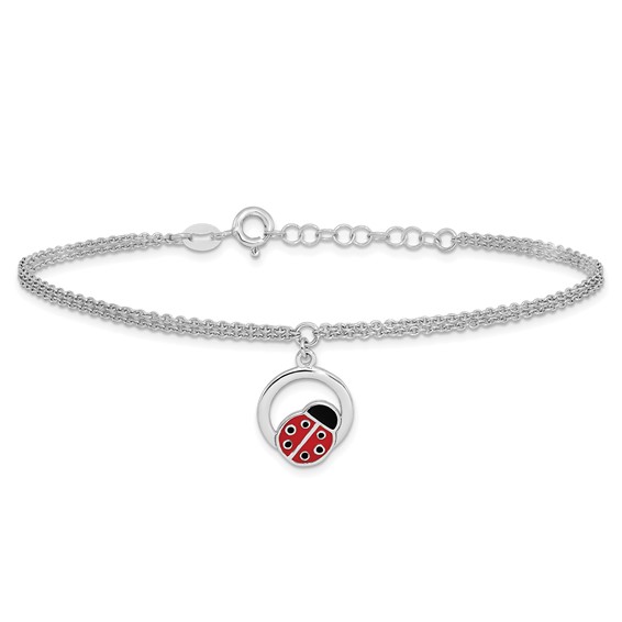 Sterling Silver Rhod-pltd Enamel Ladybug on Ring 7.25in w/1in ext Bracelet