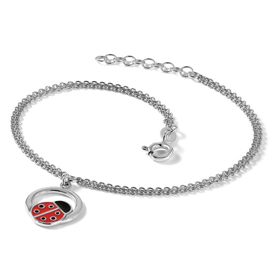 Sterling Silver Rhod-pltd Enamel Ladybug on Ring 7.25in w/1in ext Bracelet