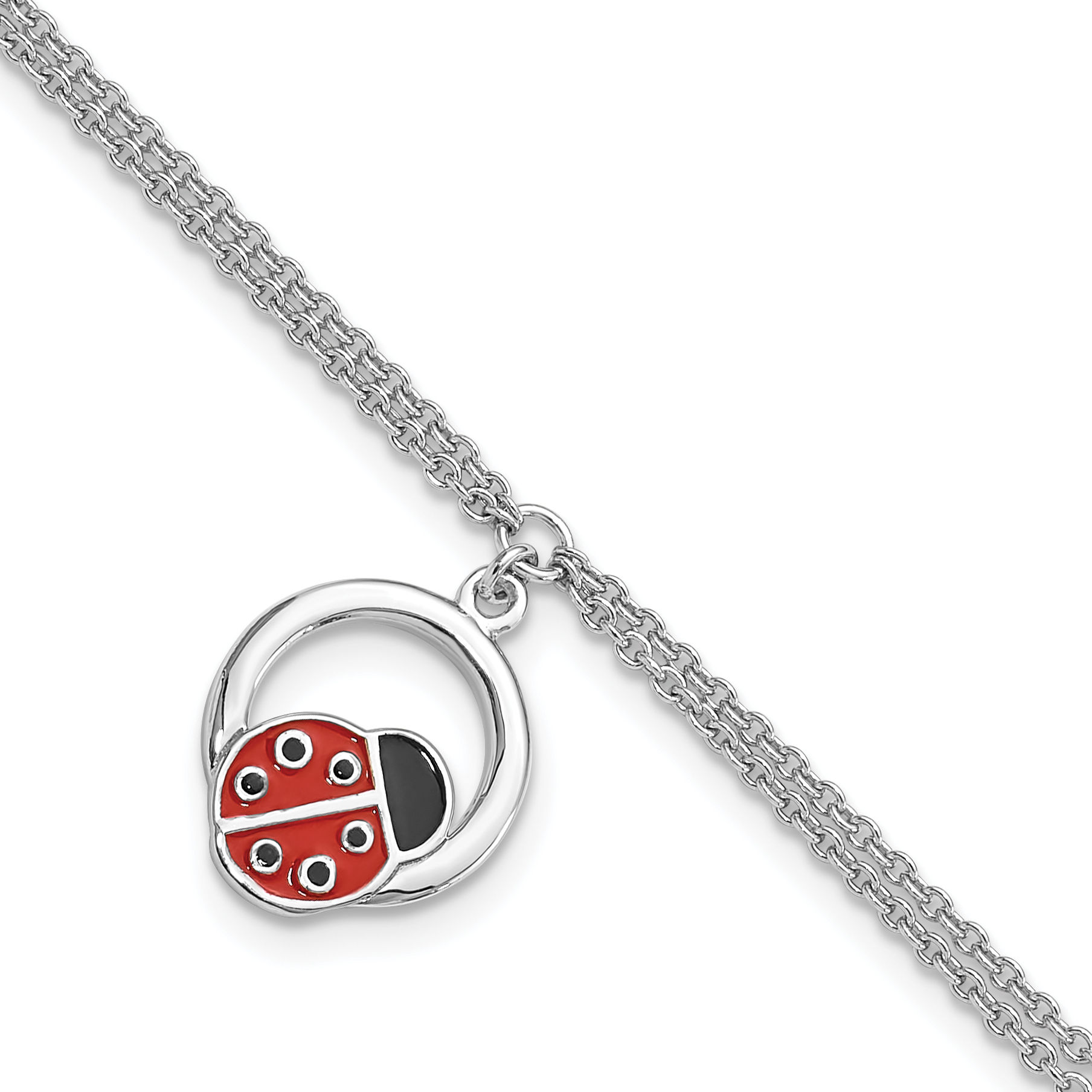 Sterling Silver Rhod-pltd Enamel Ladybug on Ring 7.25in w/1in ext Bracelet (QG6371-7.25)