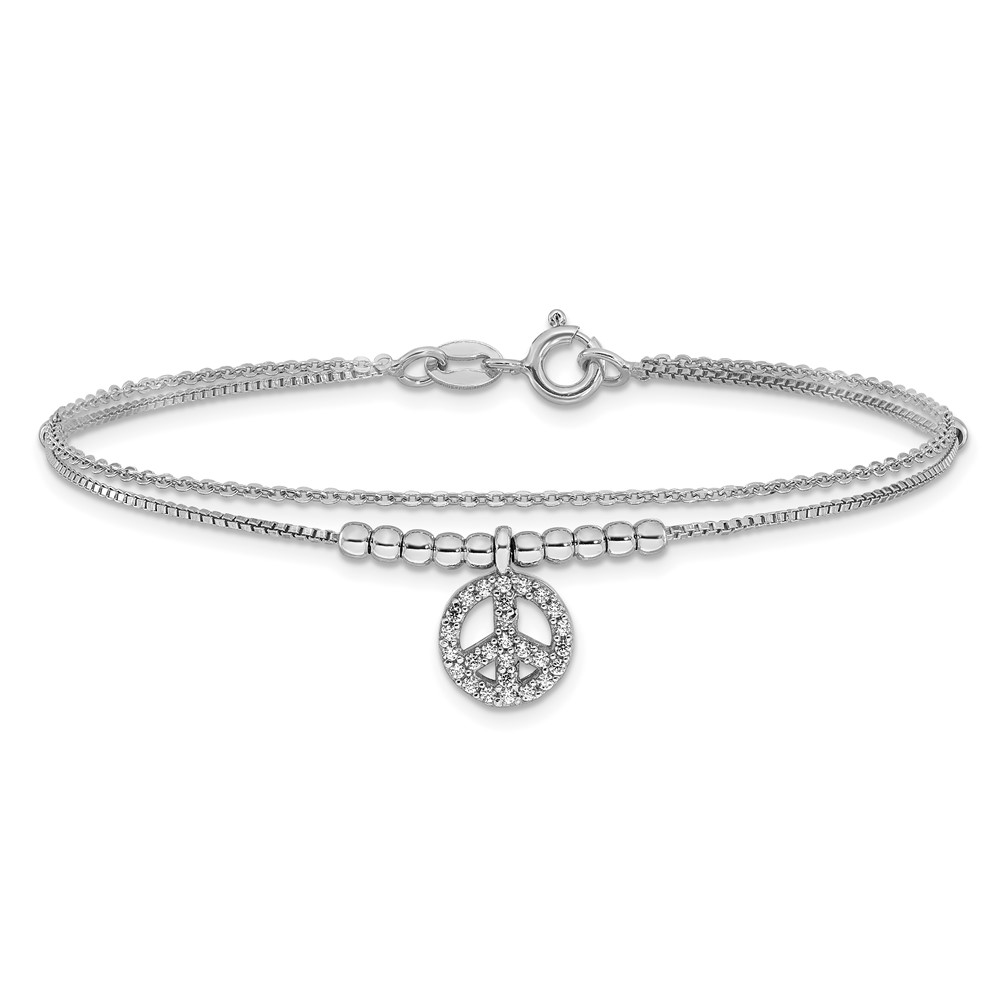Sterling Silver Rhodium-plated CZ Peace Sign Beaded 7.5in Bracelet (QG6372-7.5)