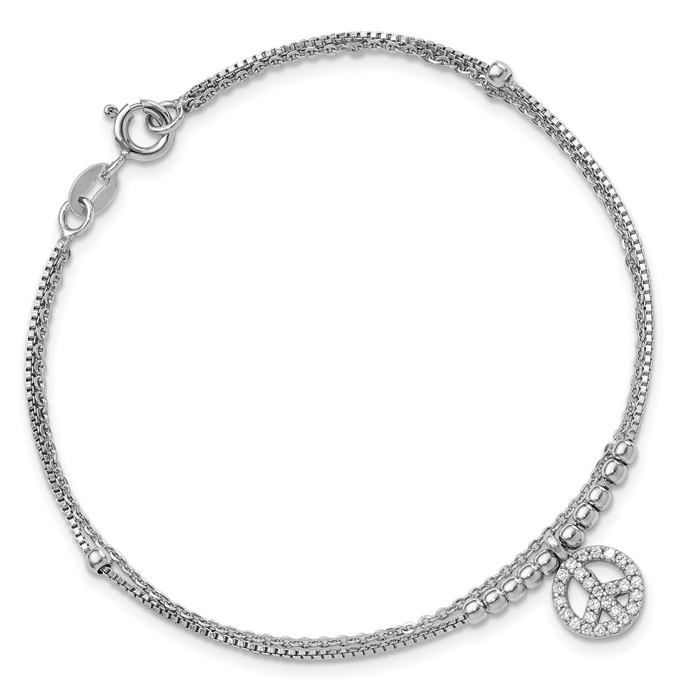Sterling Silver Rhodium-plated CZ Peace Sign Beaded 7.5in Bracelet (QG6372-7.5)