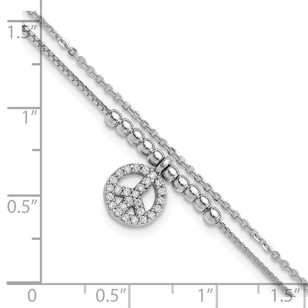 Sterling Silver Rhodium-plated CZ Peace Sign Beaded 7.5in Bracelet (QG6372-7.5)