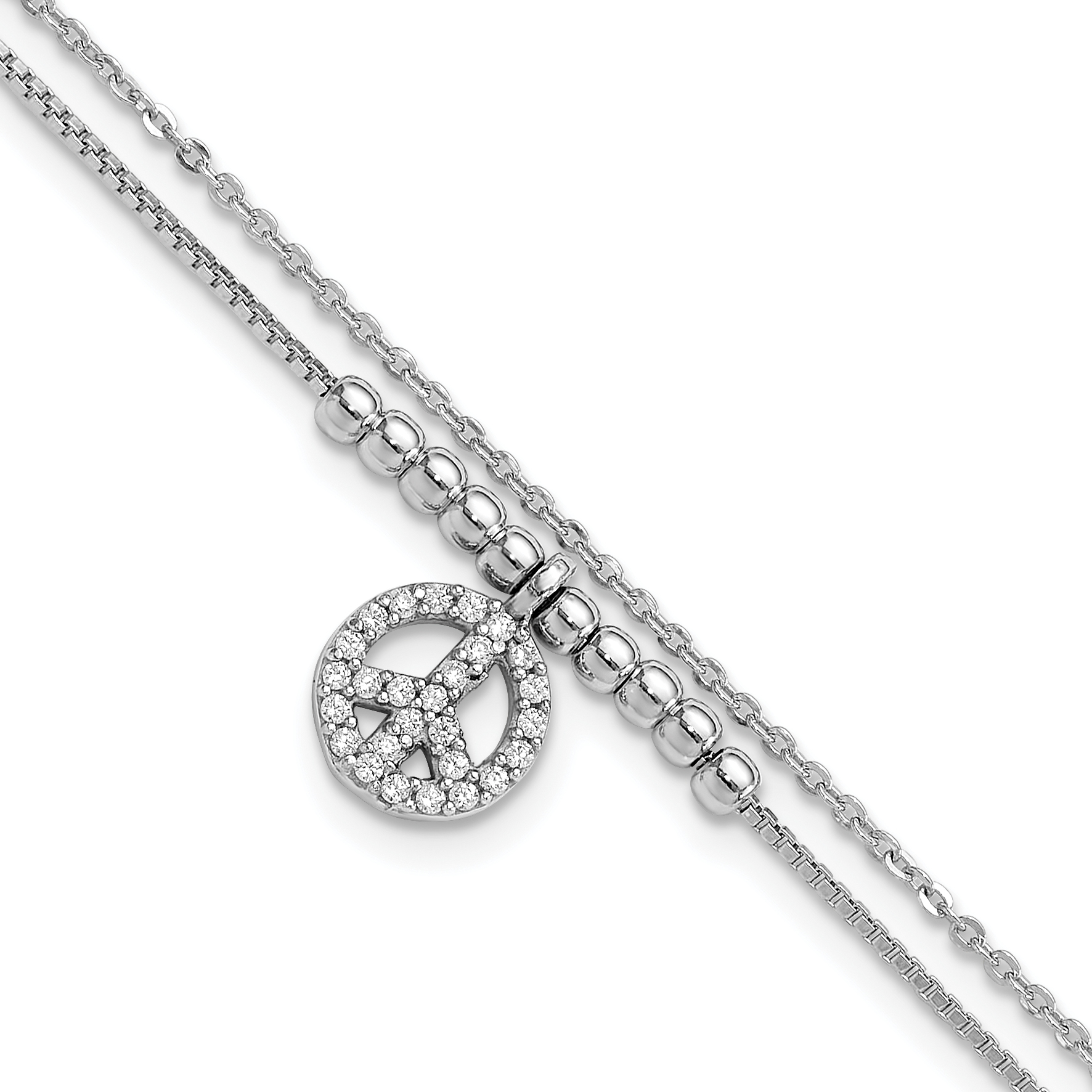 Sterling Silver Rhodium-plated CZ Peace Sign Beaded 7.5in Bracelet (QG6372-7.5)