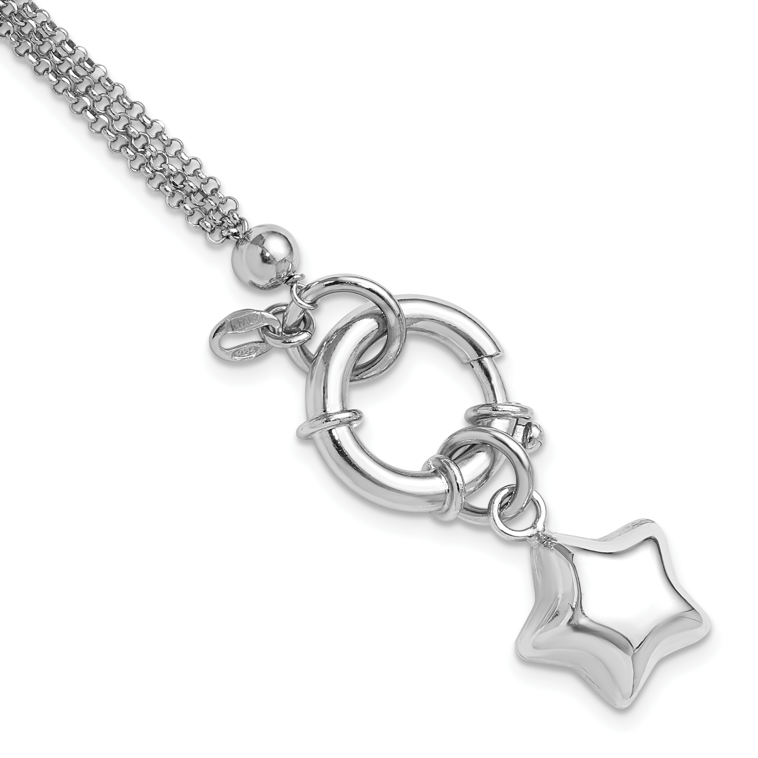 Sterling Silver Rhod-plated Polished Puffed Star Dangle 6.5in Bracelet (QG6376-6.5)