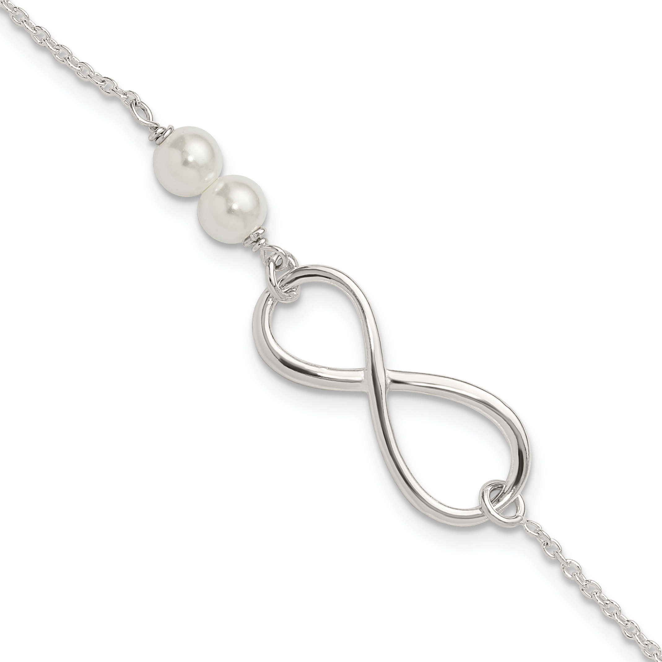 Sterling Silver Polished Simulated Pearls and Infinity with 1in ext Bracele (QG6377-7)