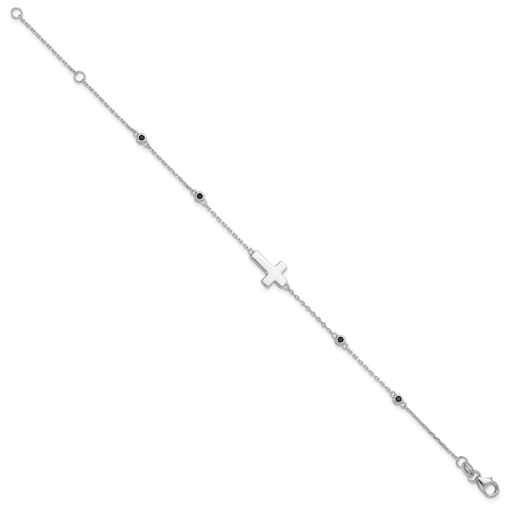Sterling Silver Rhodium-plated Cross Black Spinel 7in w/1in ext. Bracelet (QG6378-7)