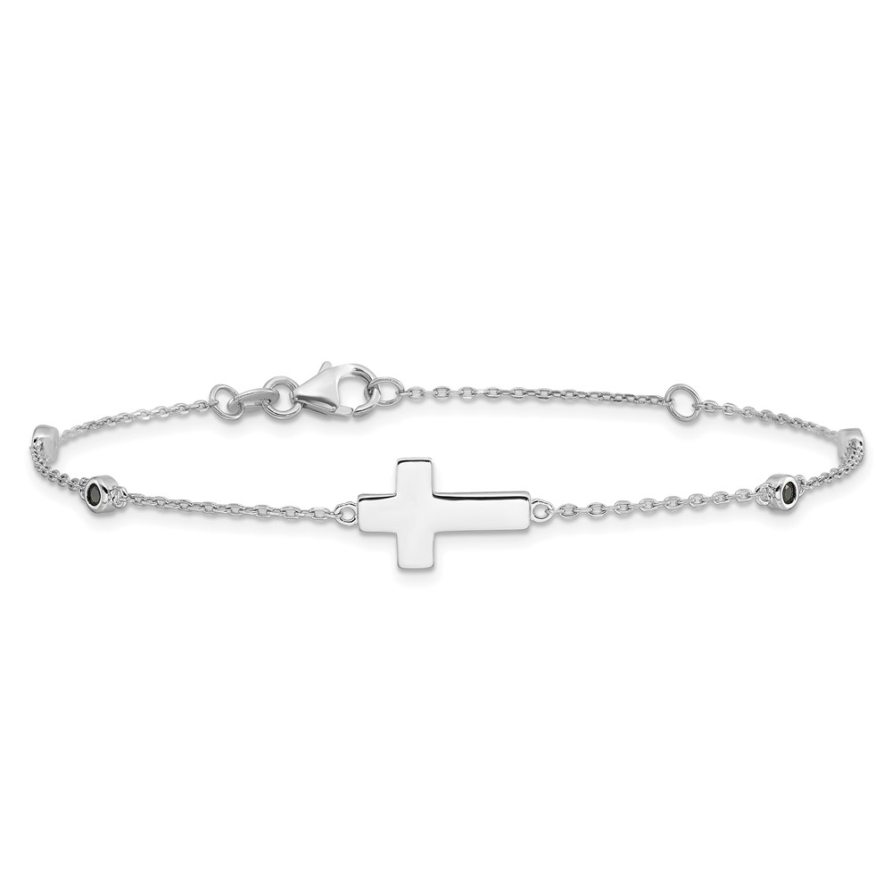 Sterling Silver Rhodium-plated Cross Black Spinel 7in w/1in ext. Bracelet (QG6378-7)