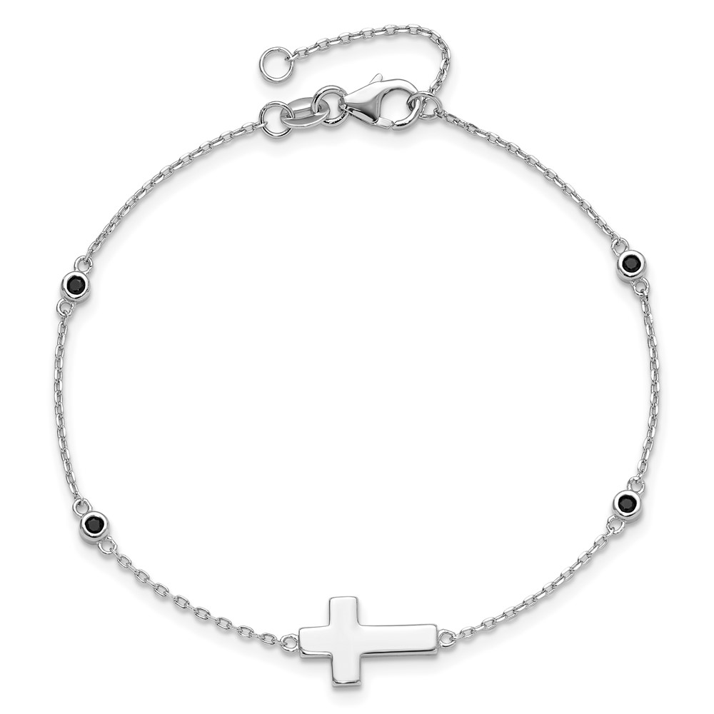 Sterling Silver Rhodium-plated Cross Black Spinel 7in w/1in ext. Bracelet (QG6378-7)