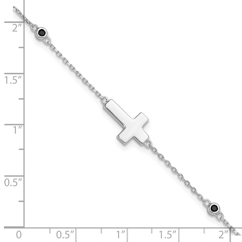 Sterling Silver Rhodium-plated Cross Black Spinel 7in w/1in ext. Bracelet (QG6378-7)