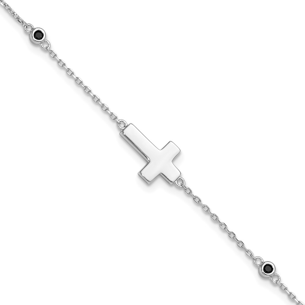Sterling Silver Rhodium-plated Cross Black Spinel 7in w/1in ext. Bracelet (QG6378-7)